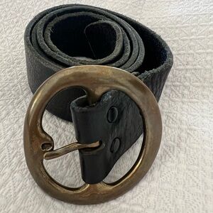 Below the Belt wide Black Leather Belt with Gold Buckle size Medium